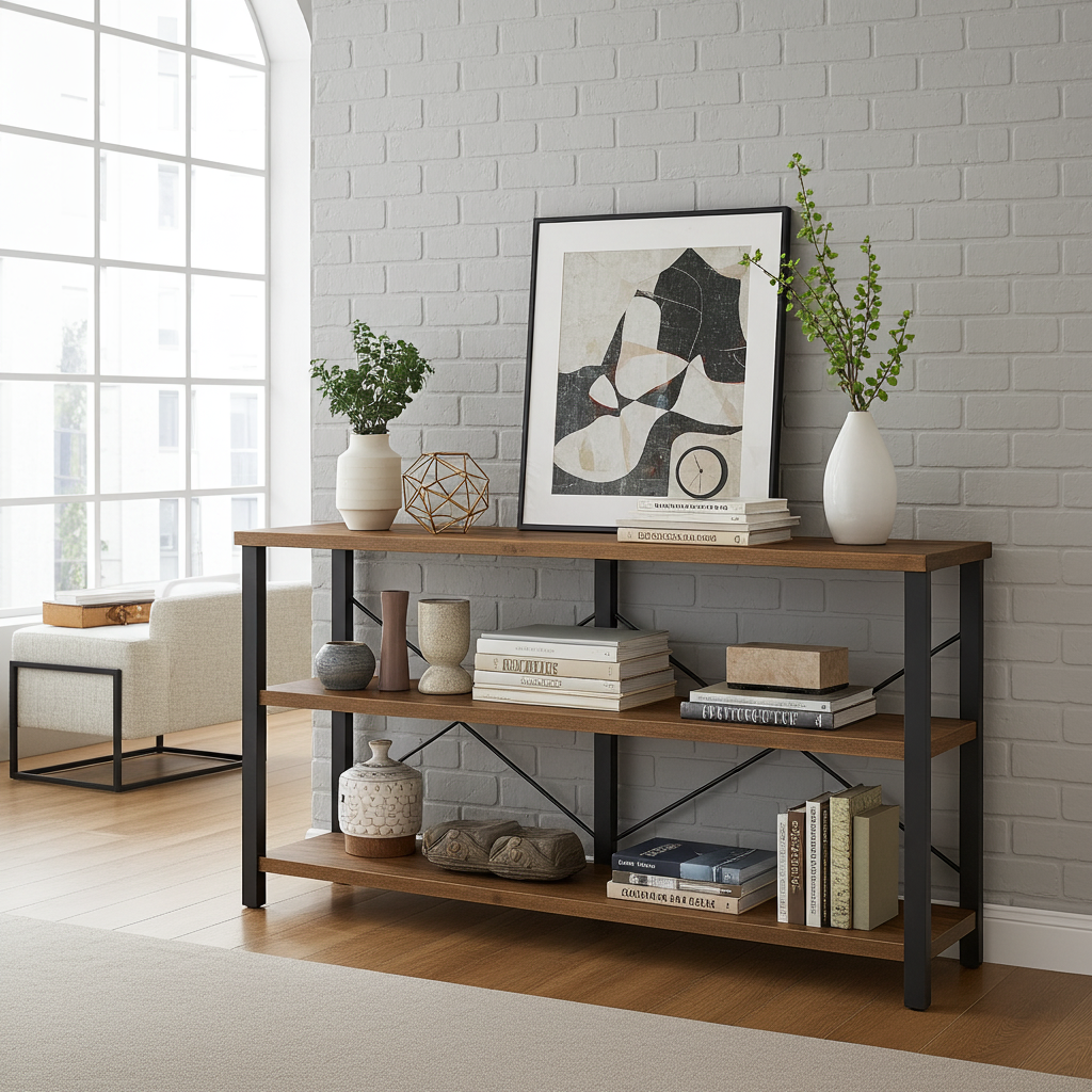 Serenity Rustic Industrial Console Table Bookcase TV Stand Storage Shelf Unit