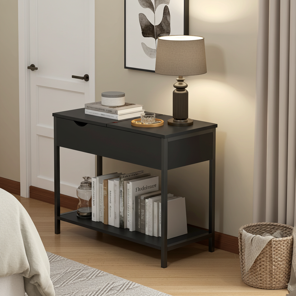 Solara Versatile Side Console Table Desk with Drawer & Shelf (Black)