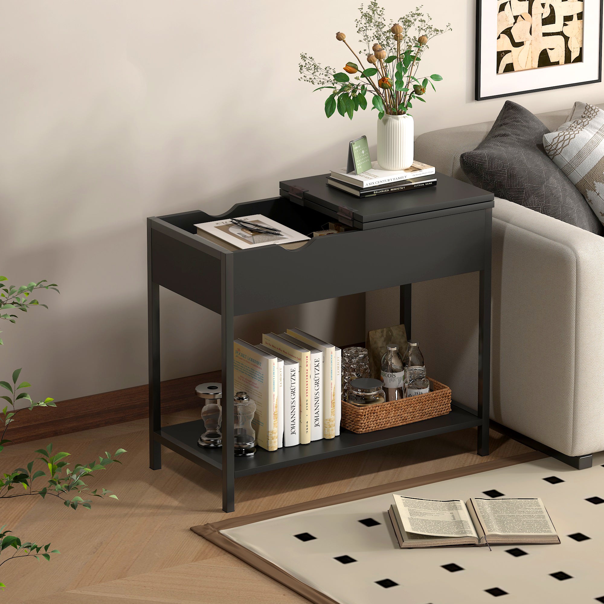 Solara Versatile Side Console Table Desk with Drawer & Shelf (Black)
