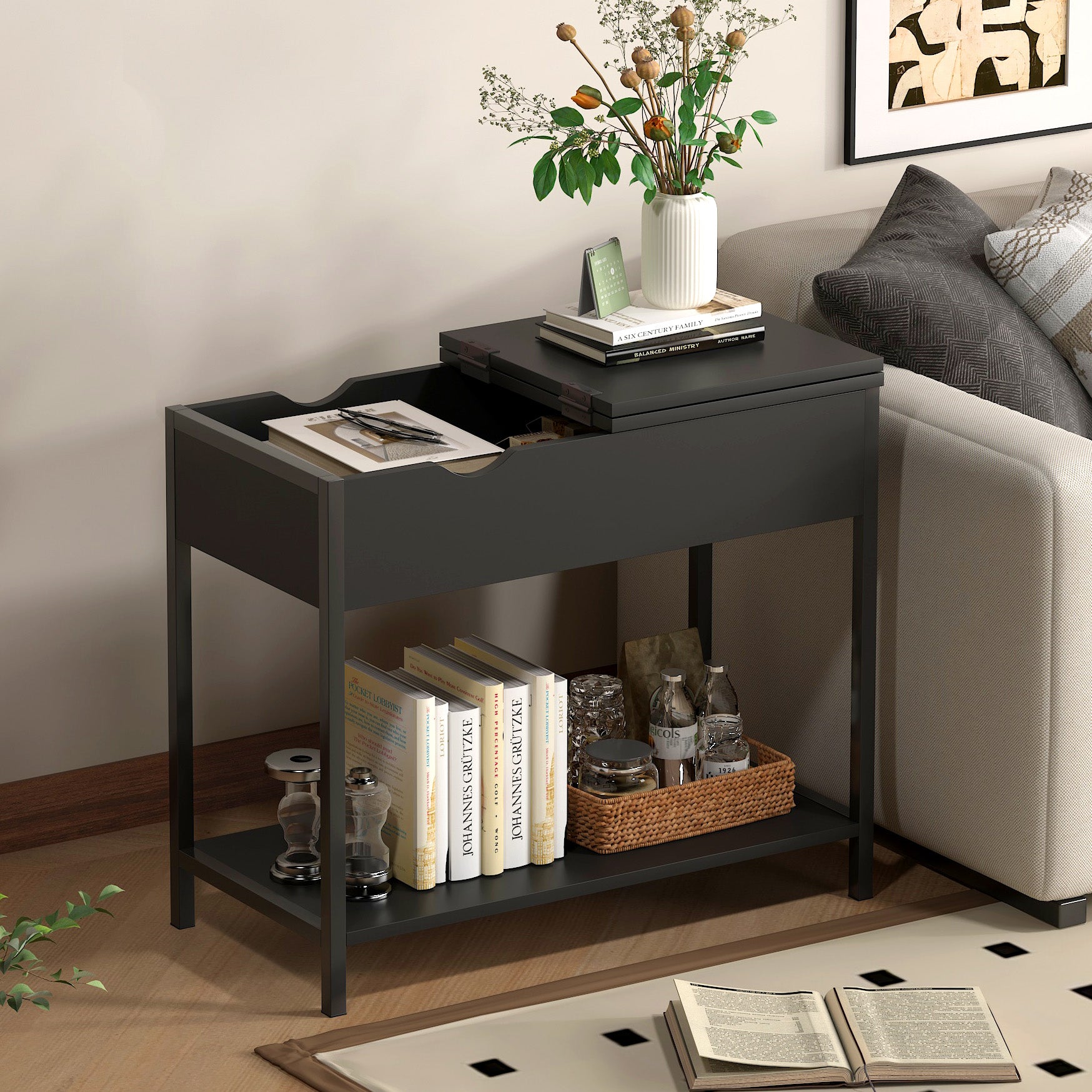 Solara Versatile Side Console Table Desk with Drawer & Shelf (Black)