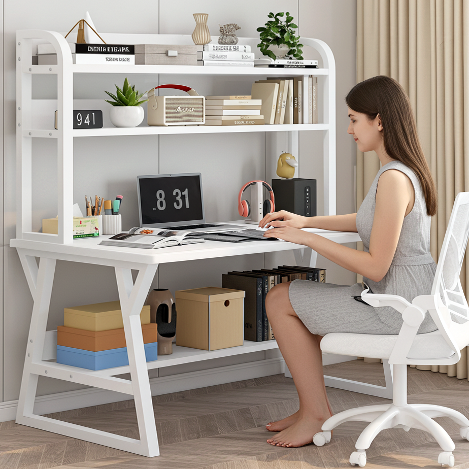 Aspire Large Industrial Office Computer Desk Workstation with Bookshelf (White)