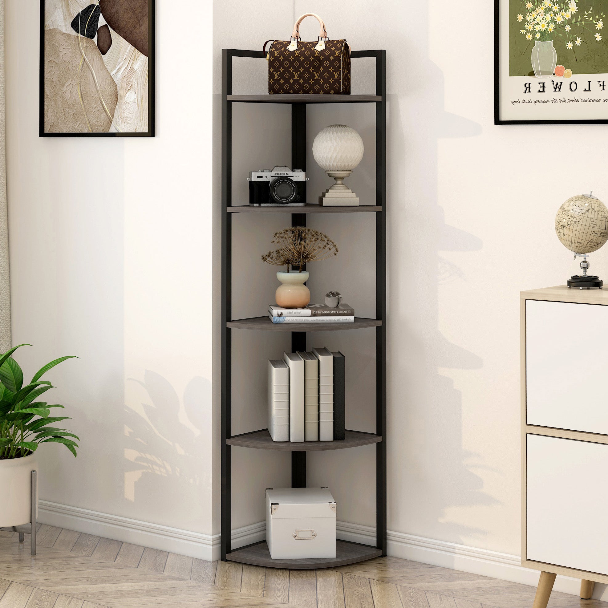 Optima 5 Tier Wood & Steel Corner Shelf Organizer Unit (Driftwood Grey)
