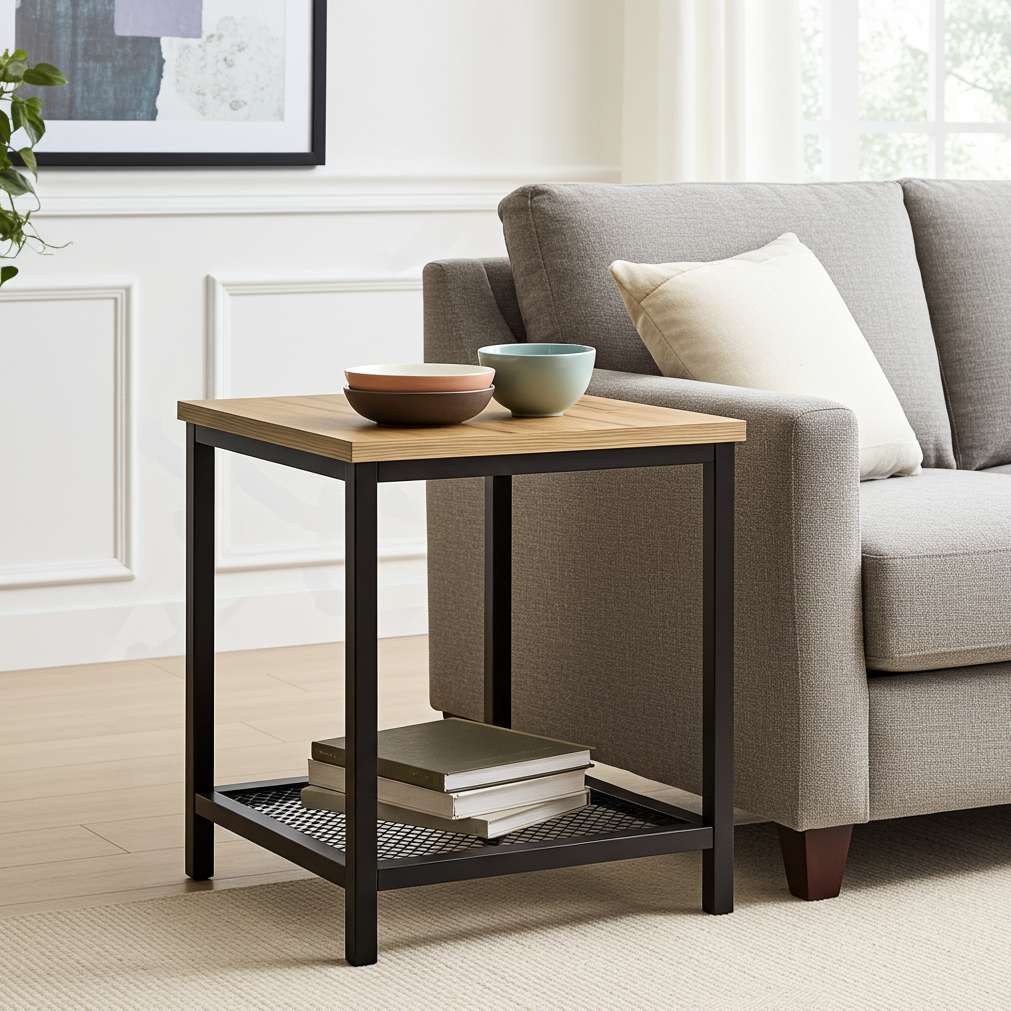 Loft Rustic Oak Industrial Wood & Steel Side Table with Storage Shelf