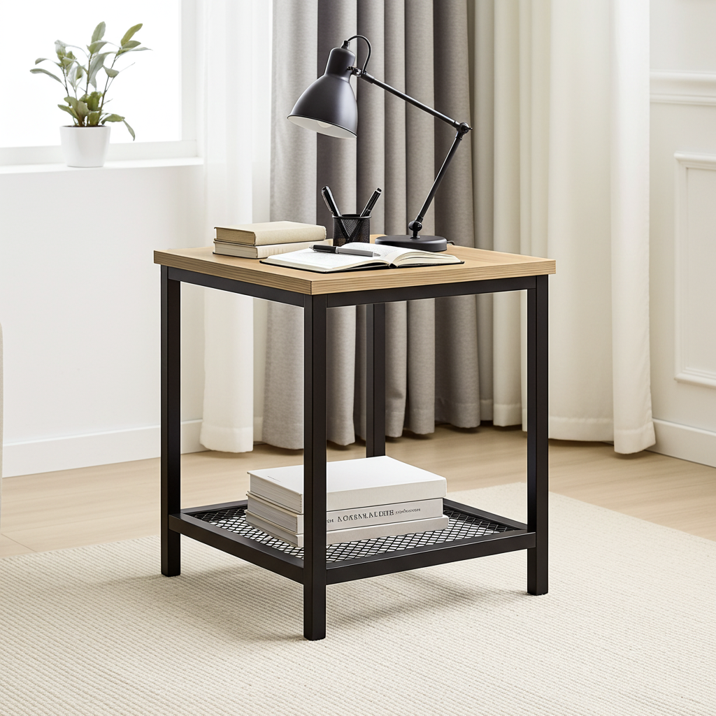 Loft Rustic Oak Industrial Wood & Steel Side Table with Storage Shelf