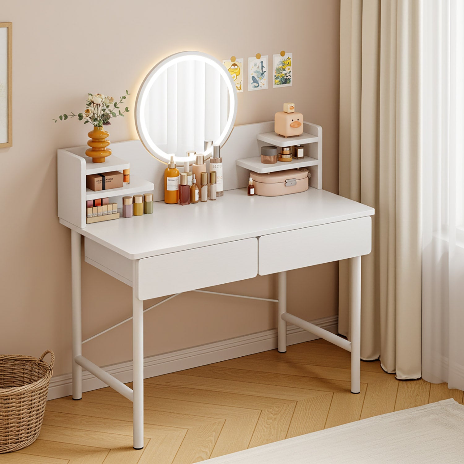 LED Luminous Mirror White Makeup Vanity Dressing Table with Storage Drawers