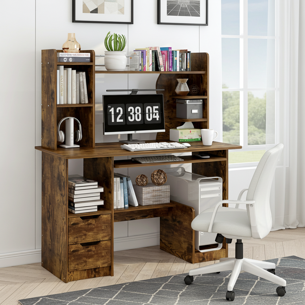 Expert Computer Desk Workstation with Shelf & Cabinet (Rustic Wood)