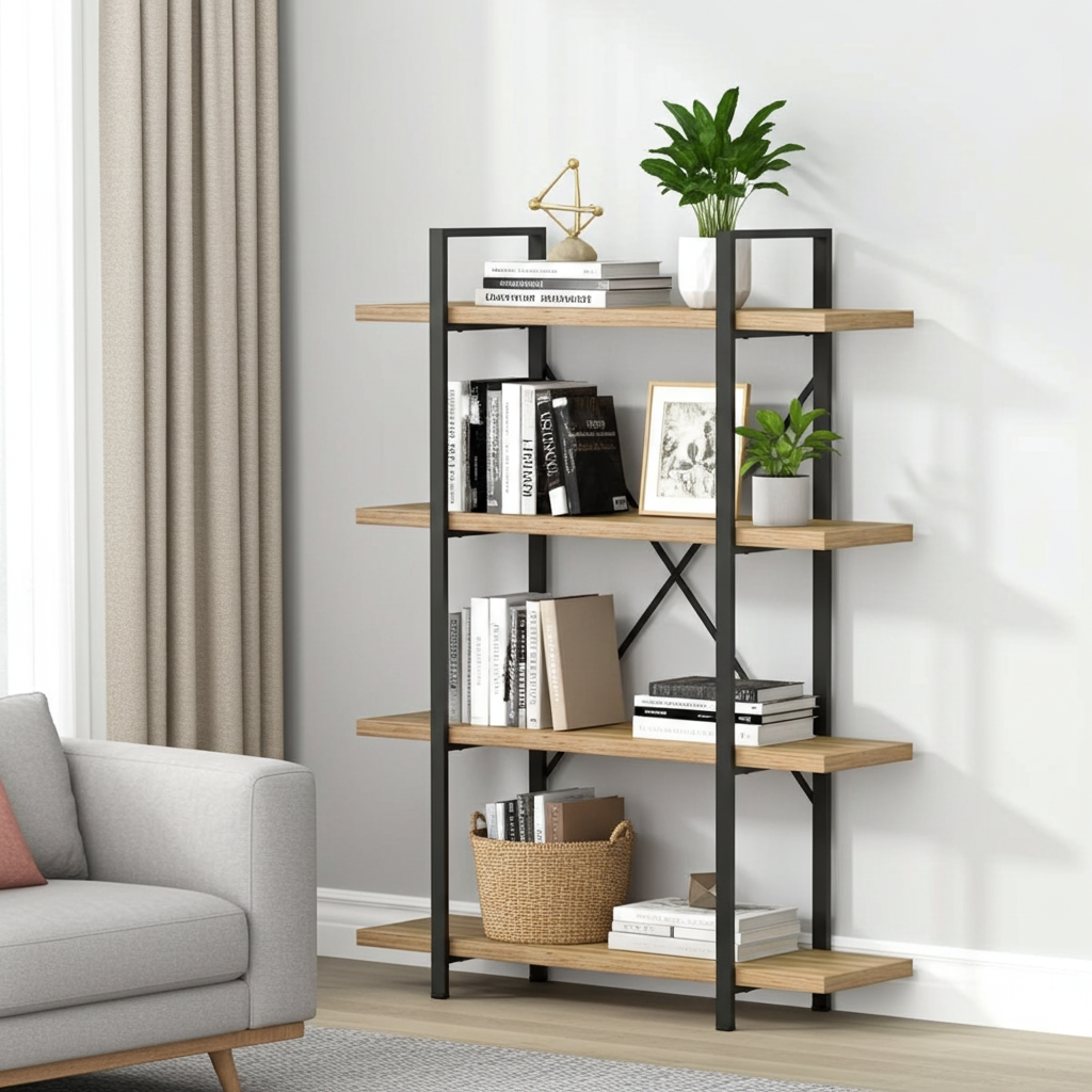 Envision Rustic Oak 4-Tier Bookcase Storage Shelf Organizer