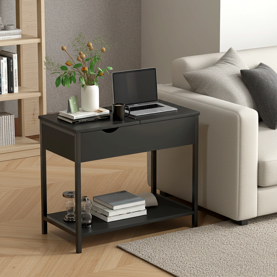 Solara Versatile Side Console Table Desk with Drawer & Shelf (Black)