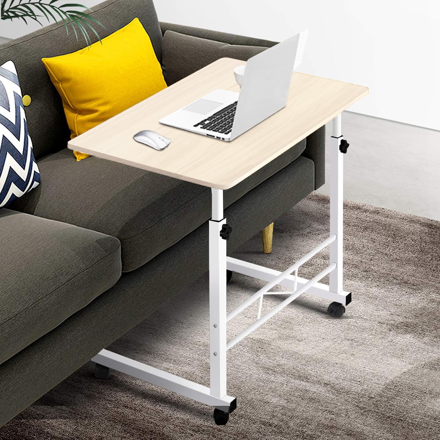 Adjustable Portable Sofa Bed Side Table Laptop Desk with Wheels (White Frame)