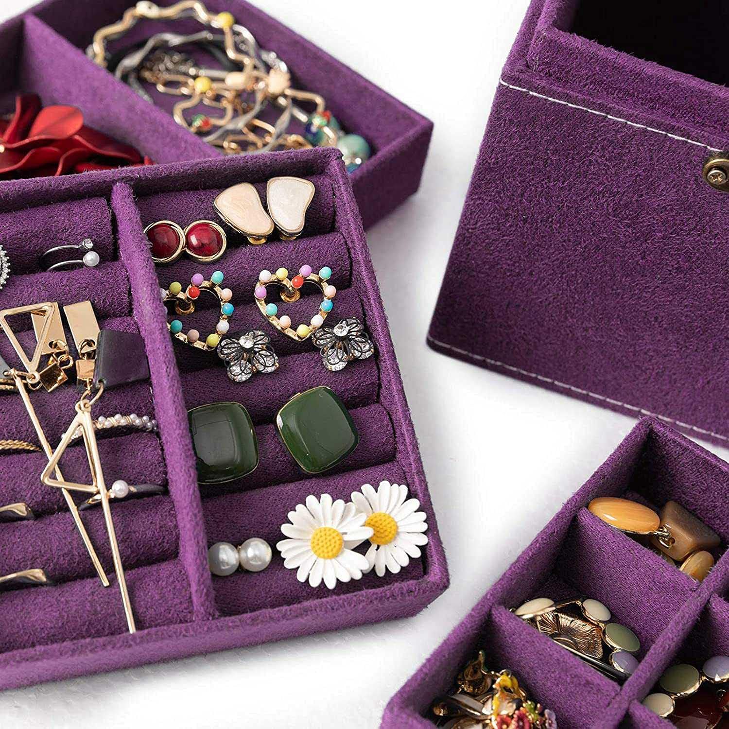 Deluxe Velvet Jewelry Box 3 Level Organiser Purple