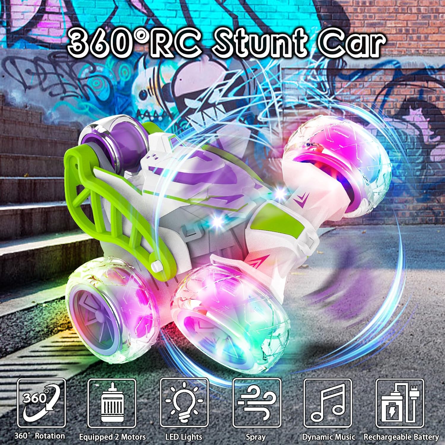 5 Wheels RC Extreme Twist Mist Mini Remote Control Stunt Car (Purple & Green)