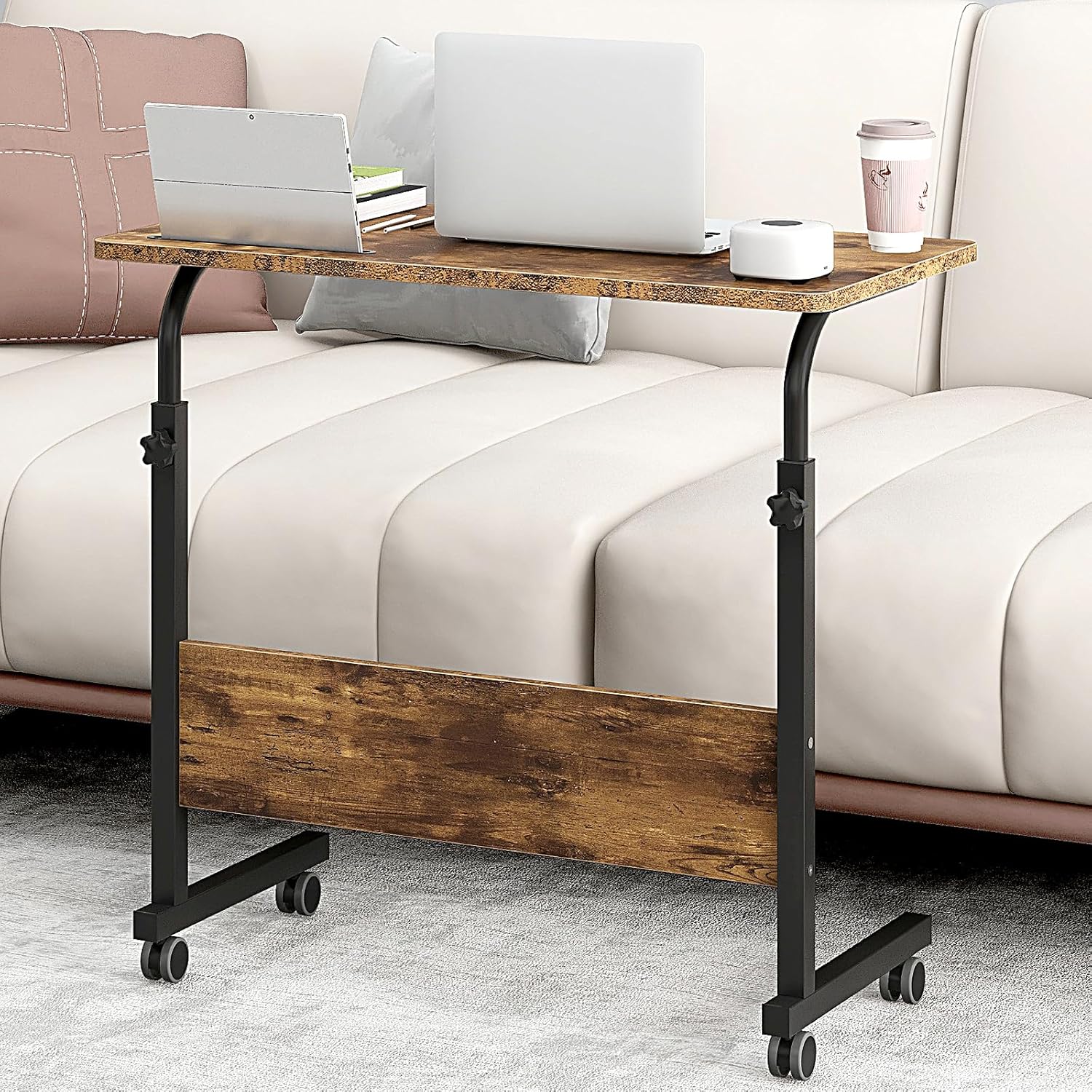 Impact Adjustable Portable Sofa Bed Side Table Laptop Desk with Wheels (Rustic Wood)