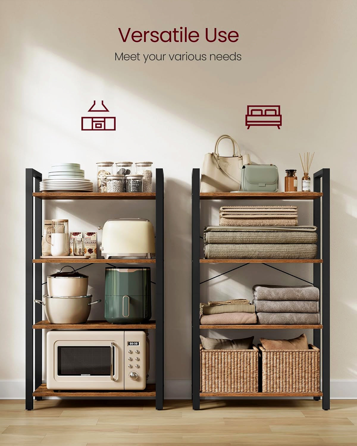 Multifunction Bookcase 4 Tier Rustic Wood & Steel Storage Shelf Organizer