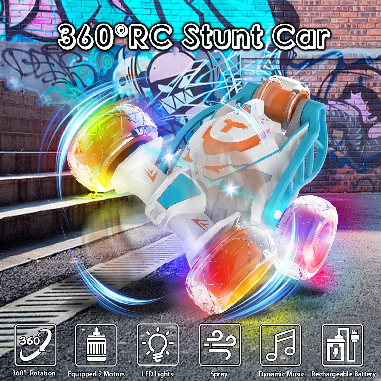 5 Wheels RC Extreme Twist Mist Mini Remote Control Stunt Car (Blue & Orange)