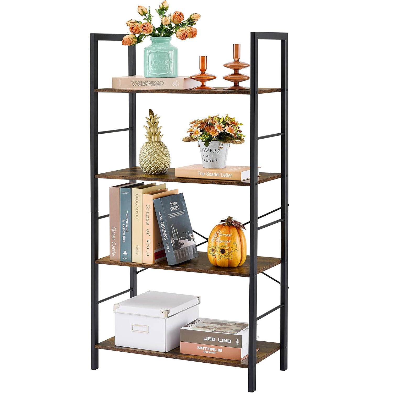 Multifunction Bookcase 4 Tier Rustic Wood & Steel Storage Shelf Organizer
