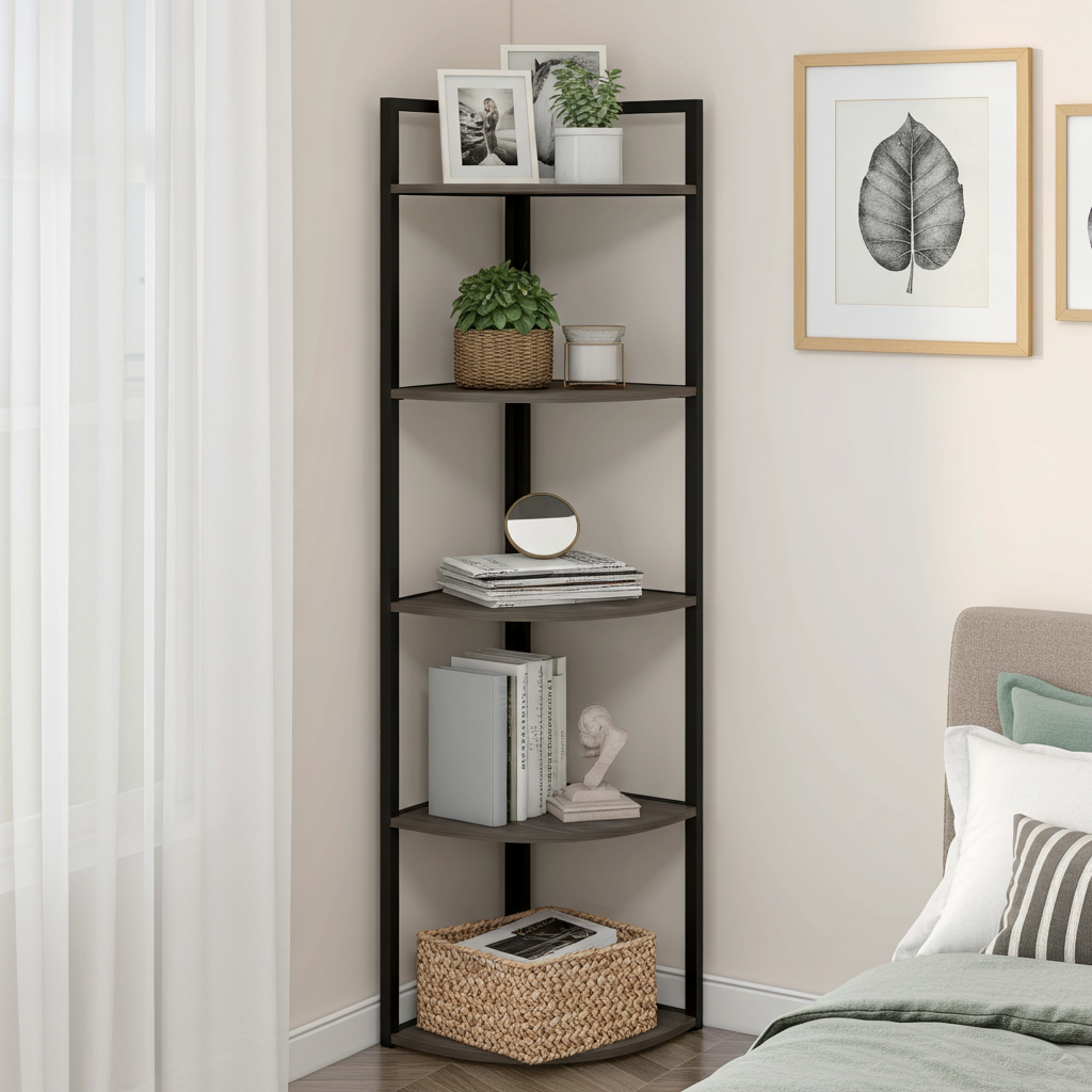Optima 5 Tier Wood & Steel Corner Shelf Organizer Unit (Driftwood Grey)