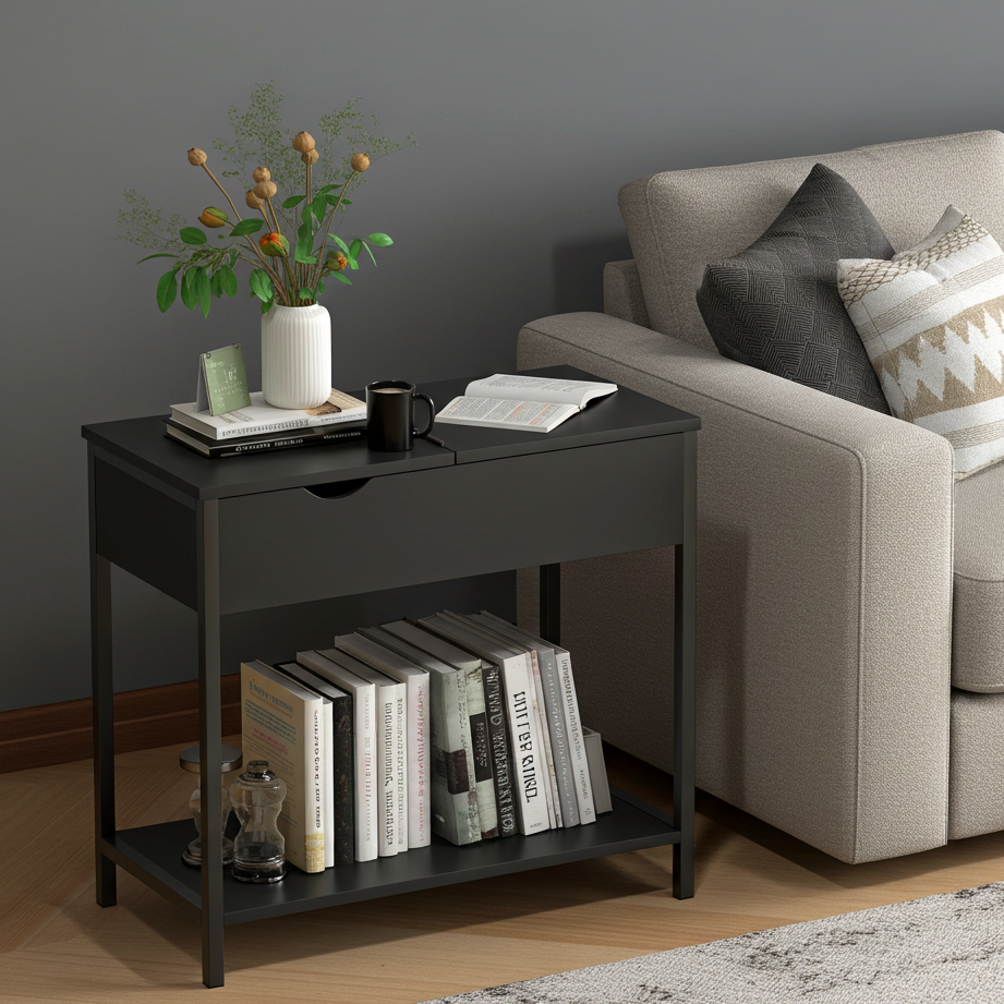 Solara Versatile Side Console Table Desk with Drawer & Shelf (Black)