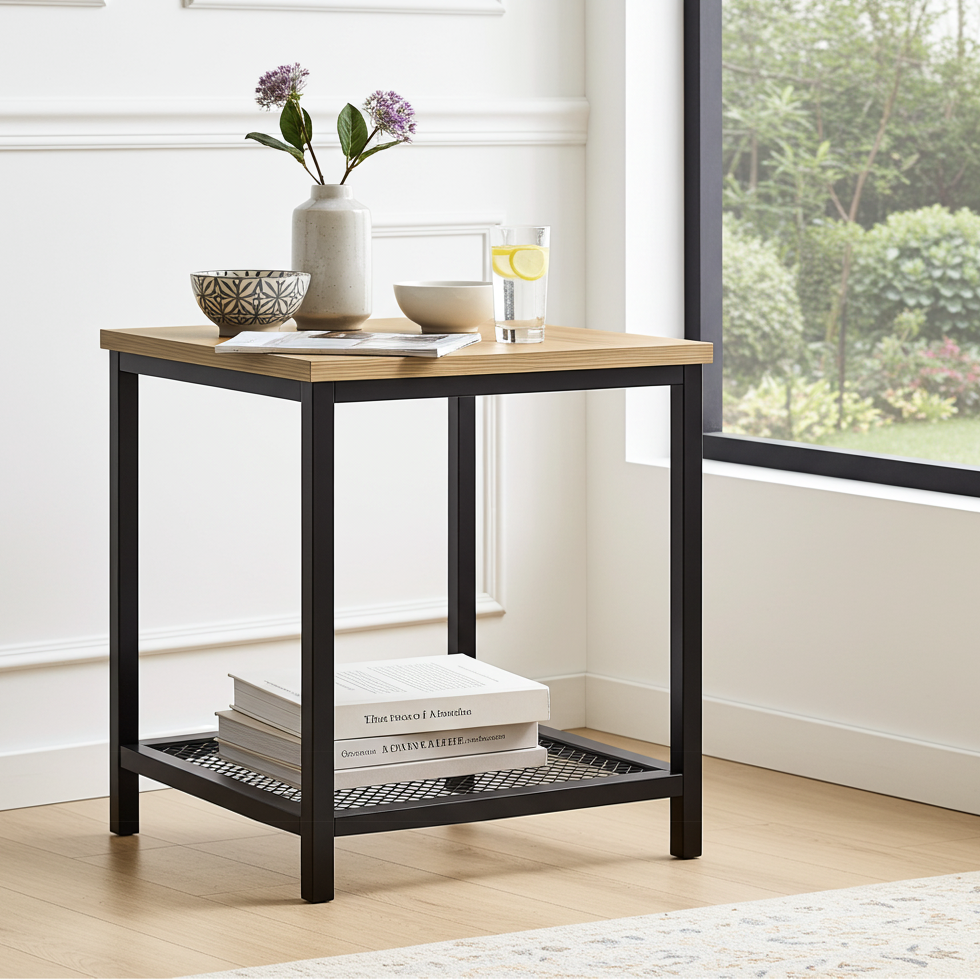 Loft Rustic Oak Industrial Wood & Steel Side Table with Storage Shelf