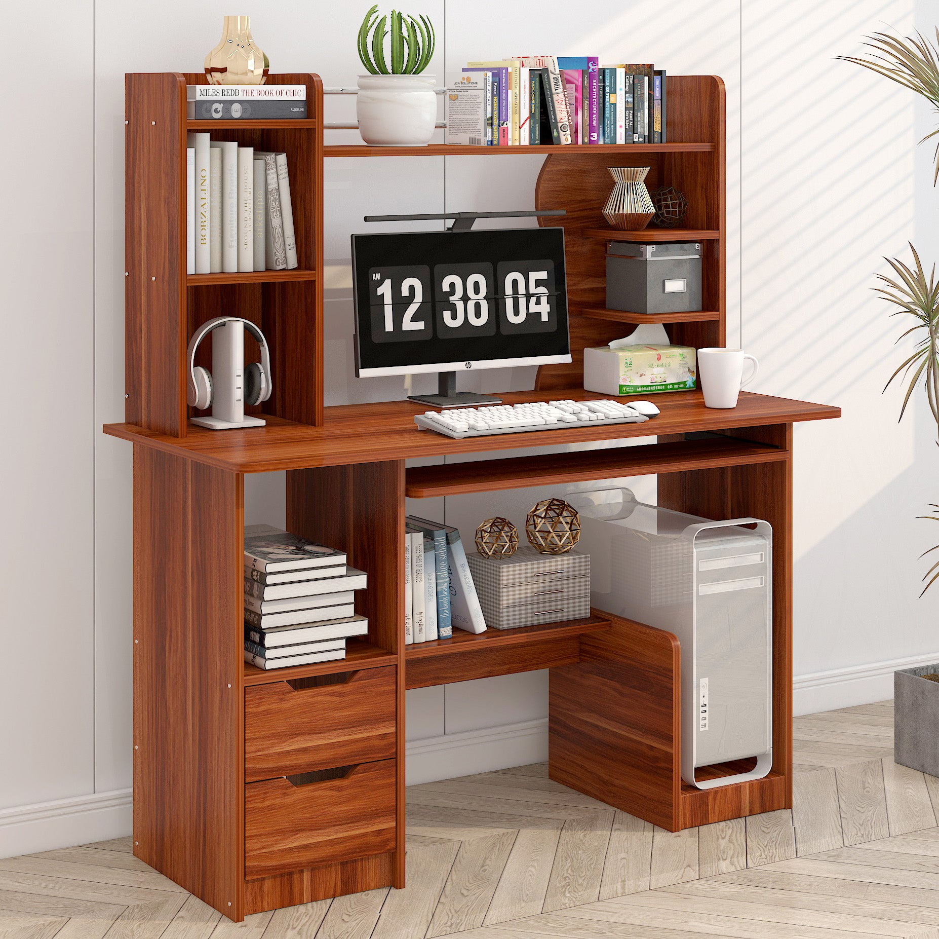 Expert Computer Desk Workstation with Shelf & Cabinet (Walnut)