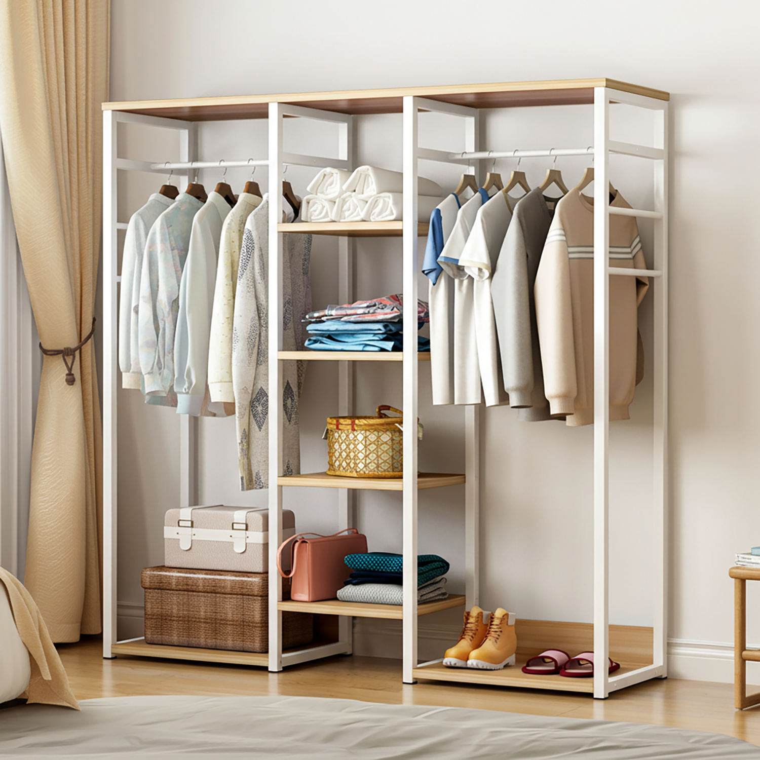 Galaxy Wardrobe Cupboard Shelves & Clothes Hanging Racks (White & Oak)