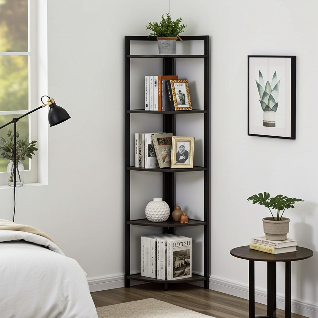 Optima 5 Tier Wood & Steel Corner Shelf Organizer Unit (Black)