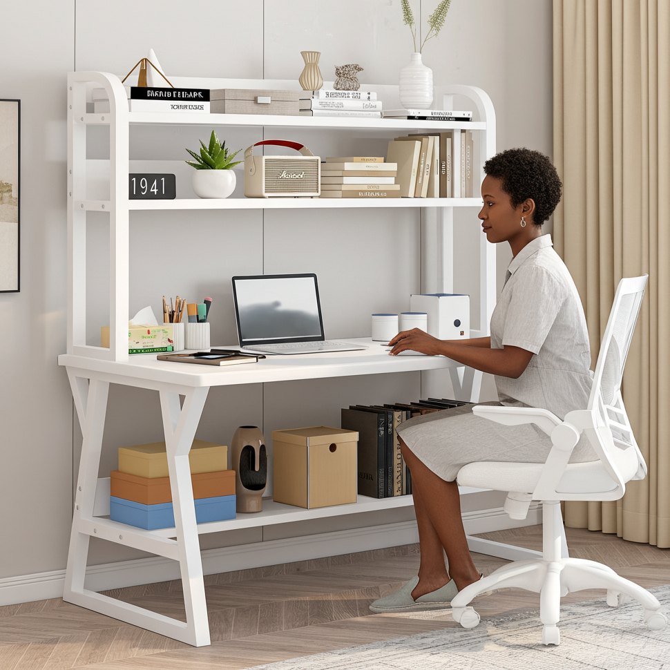 Aspire Large Industrial Office Computer Desk Workstation with Bookshelf (White)
