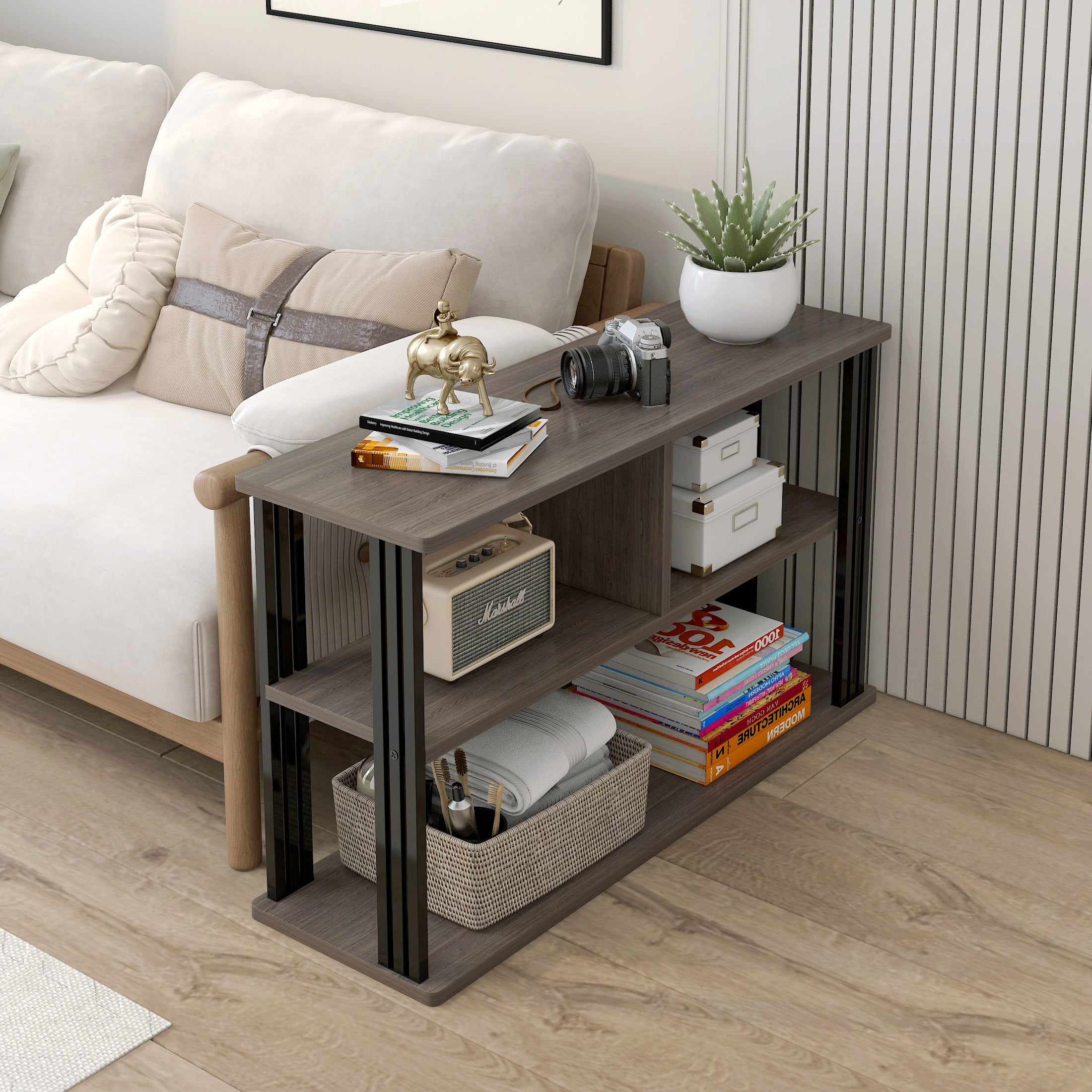 Icon Wood and Steel Sofa Side Table with Shelves (Driftwood Grey)