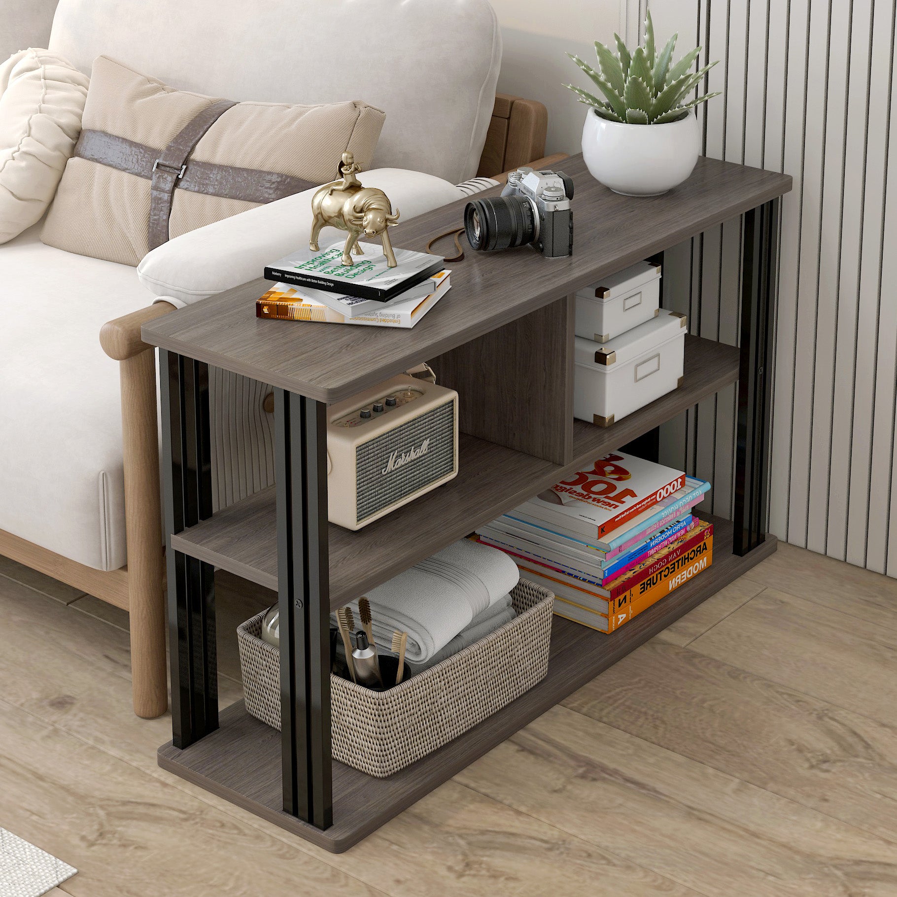Icon Wood and Steel Sofa Side Table with Shelves (Driftwood Grey)