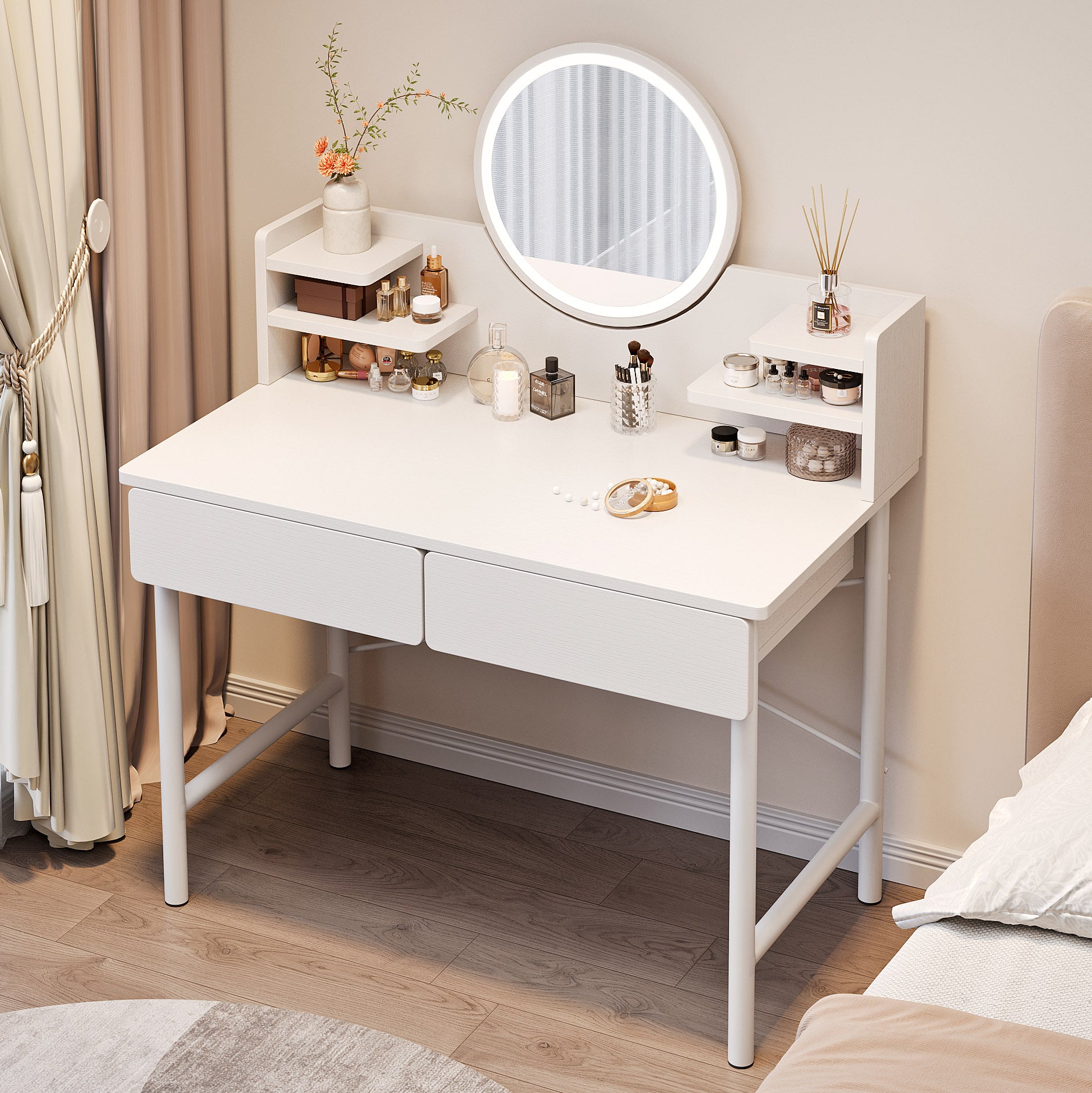 LED Luminous Mirror White Makeup Vanity Dressing Table with Storage Drawers