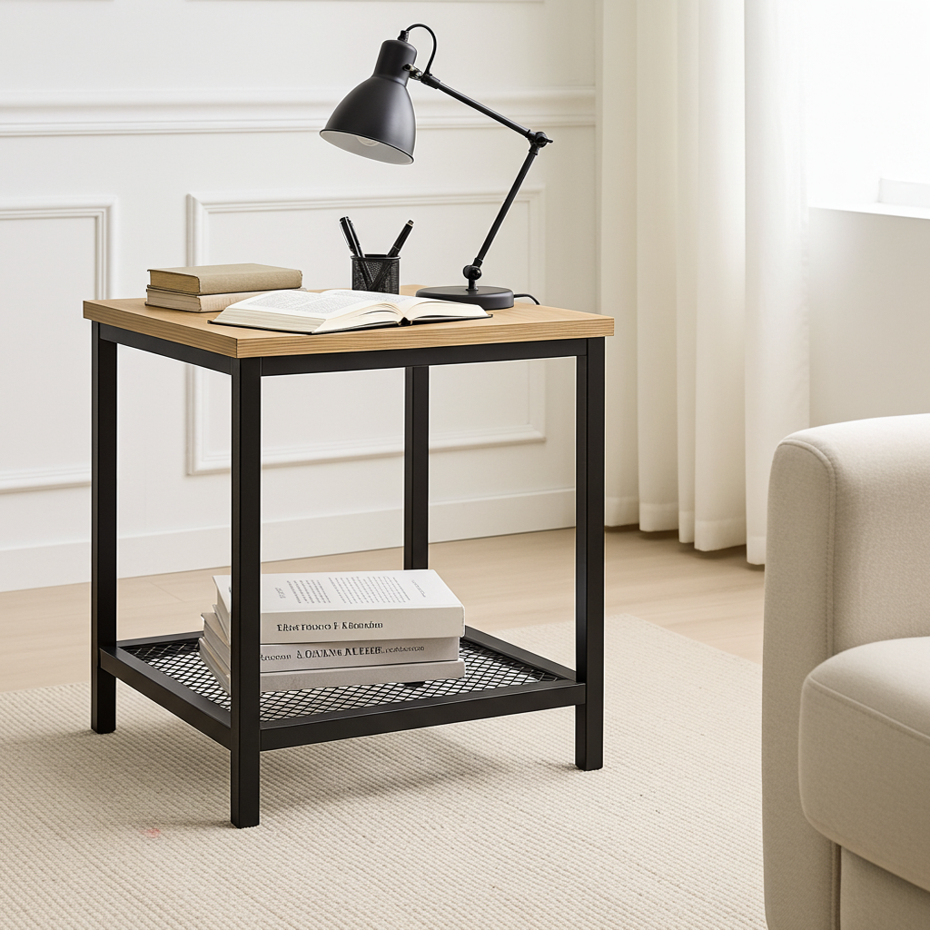 Loft Rustic Oak Industrial Wood & Steel Side Table with Storage Shelf