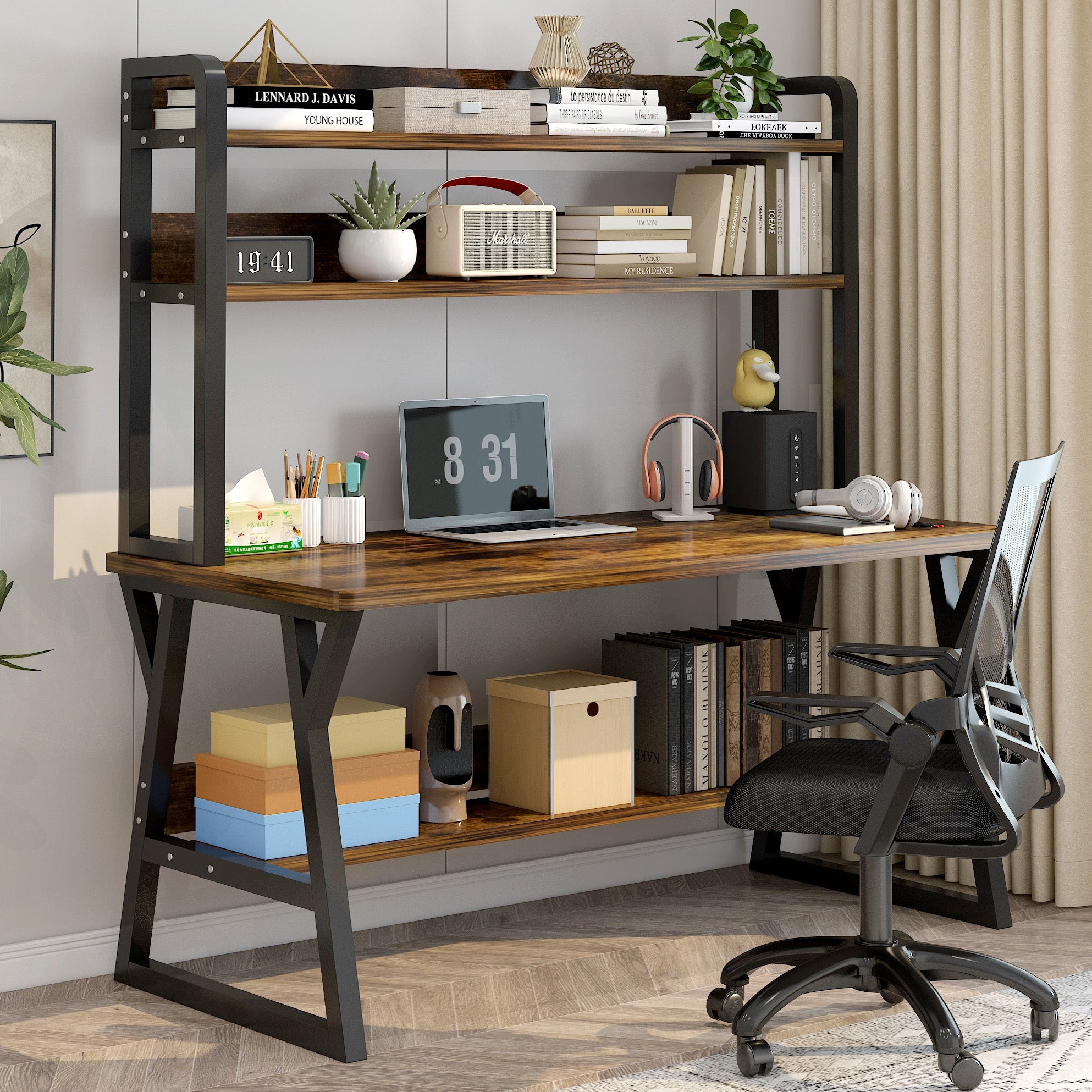 Aspire Large Industrial Office Computer Desk Workstation with Bookshelf (Rustic Wood)
