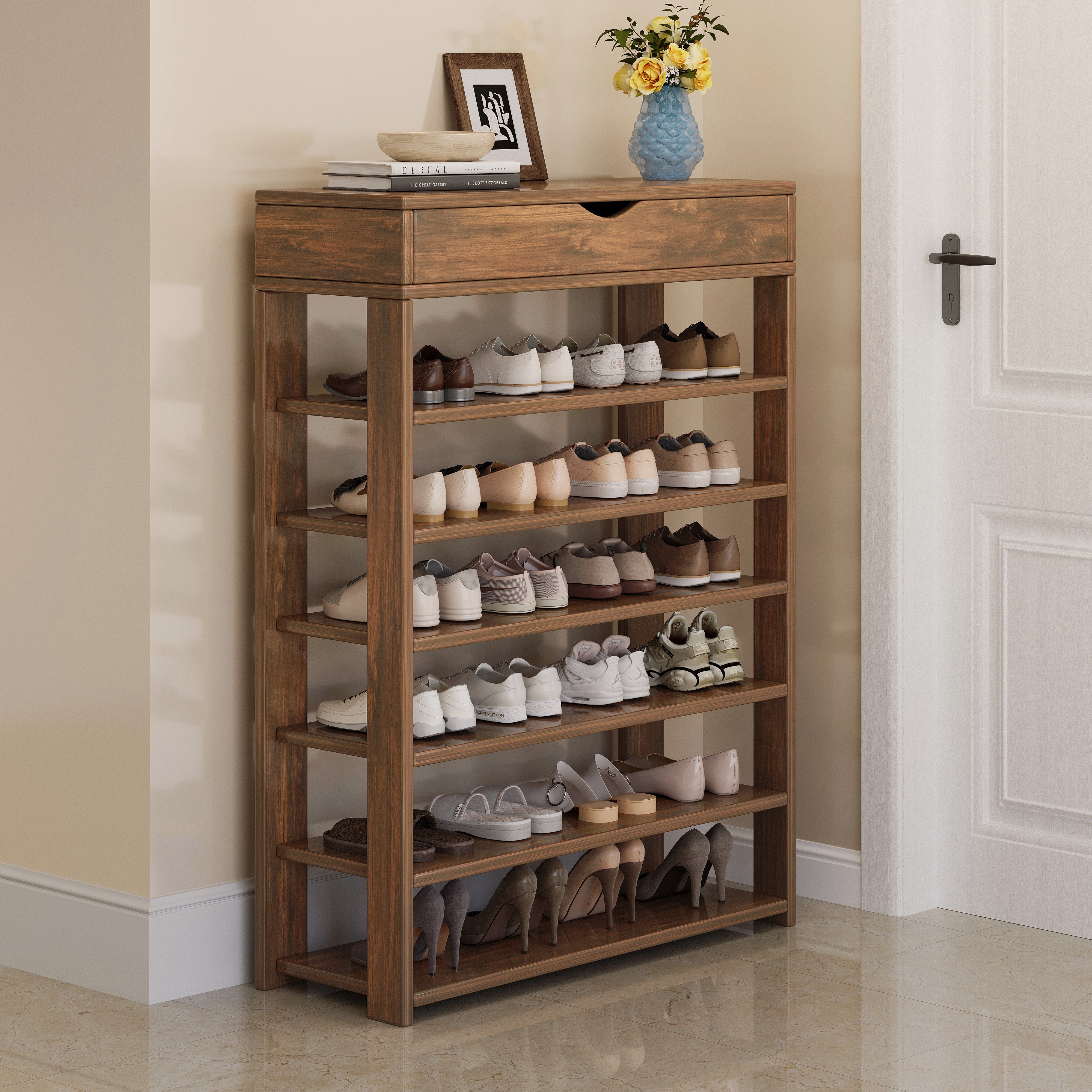Fiesta 7 Tier Extra Spacious Wooden Shoe Rack Organizer Shelf Cabinet (Rustic Wood)