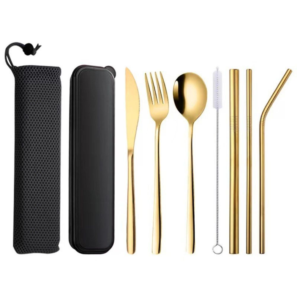 9PC Premium Cutlery Portable Travel Set Stainless Steel Knife Fork Spoon Straws (Gold)