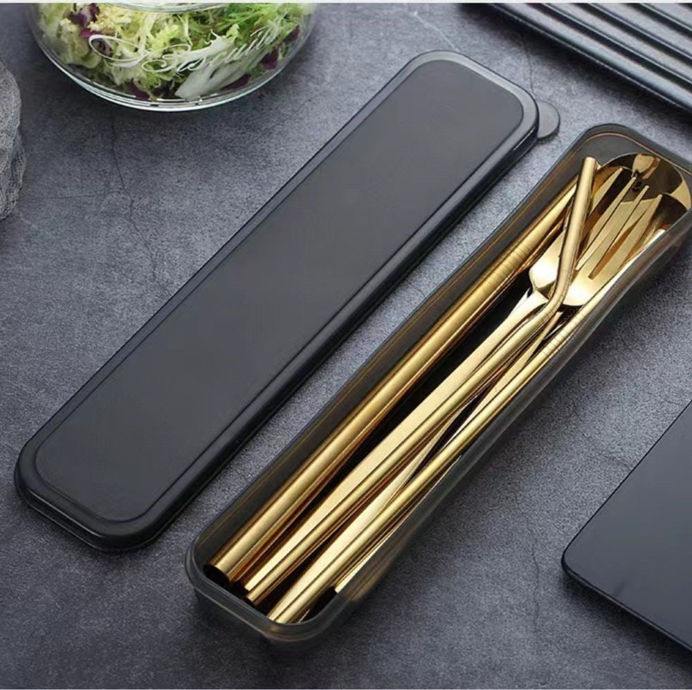9PC Premium Cutlery Portable Travel Set Stainless Steel Knife Fork Spoon Straws (Gold)