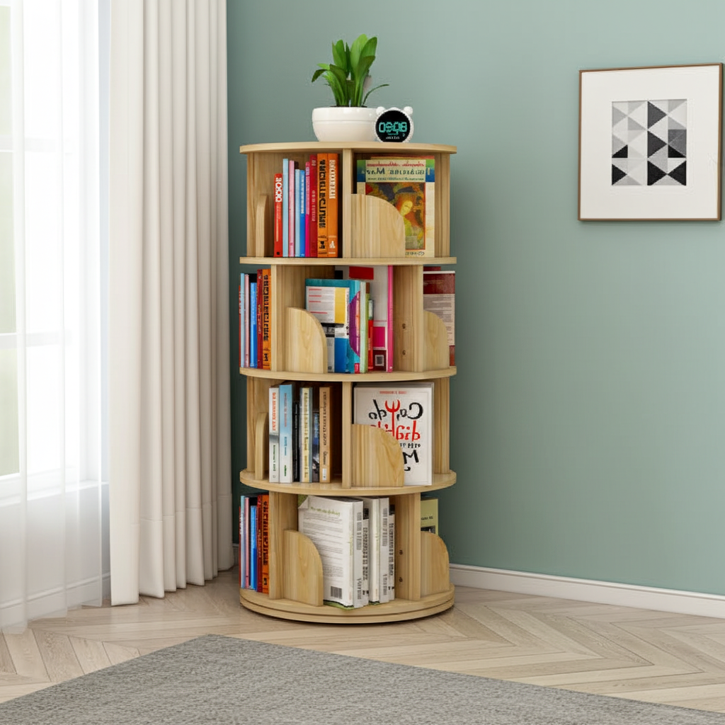 Sanctuary 360-degree Rotating 4 Tier Display Shelf Bookcase Organiser (Oak)