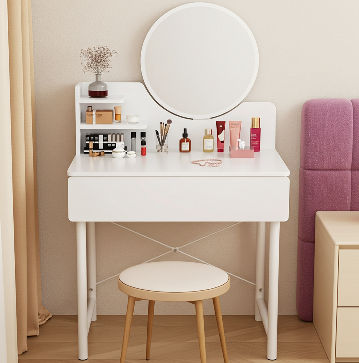 Luxe Dresser Makeup Vanity Dressing Table with Round Mirror Drawer White