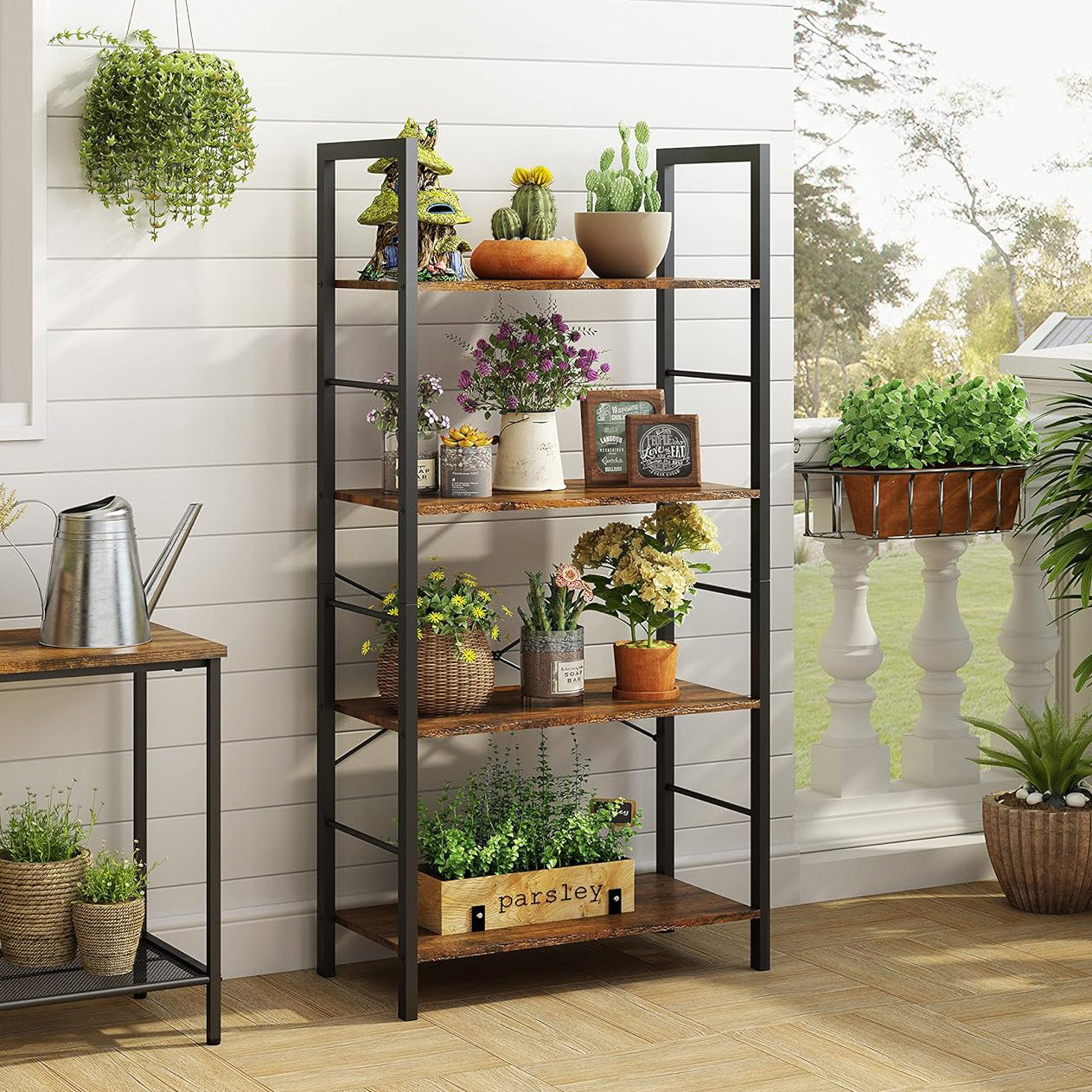 Multifunction Bookcase 4 Tier Rustic Wood & Steel Storage Shelf Organizer