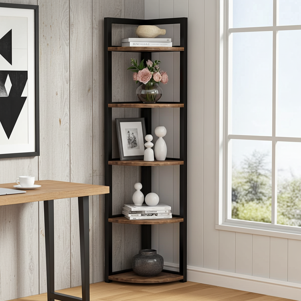 Optima  5 Tier Rustic Wood & Steel Corner Shelf Organizer Unit