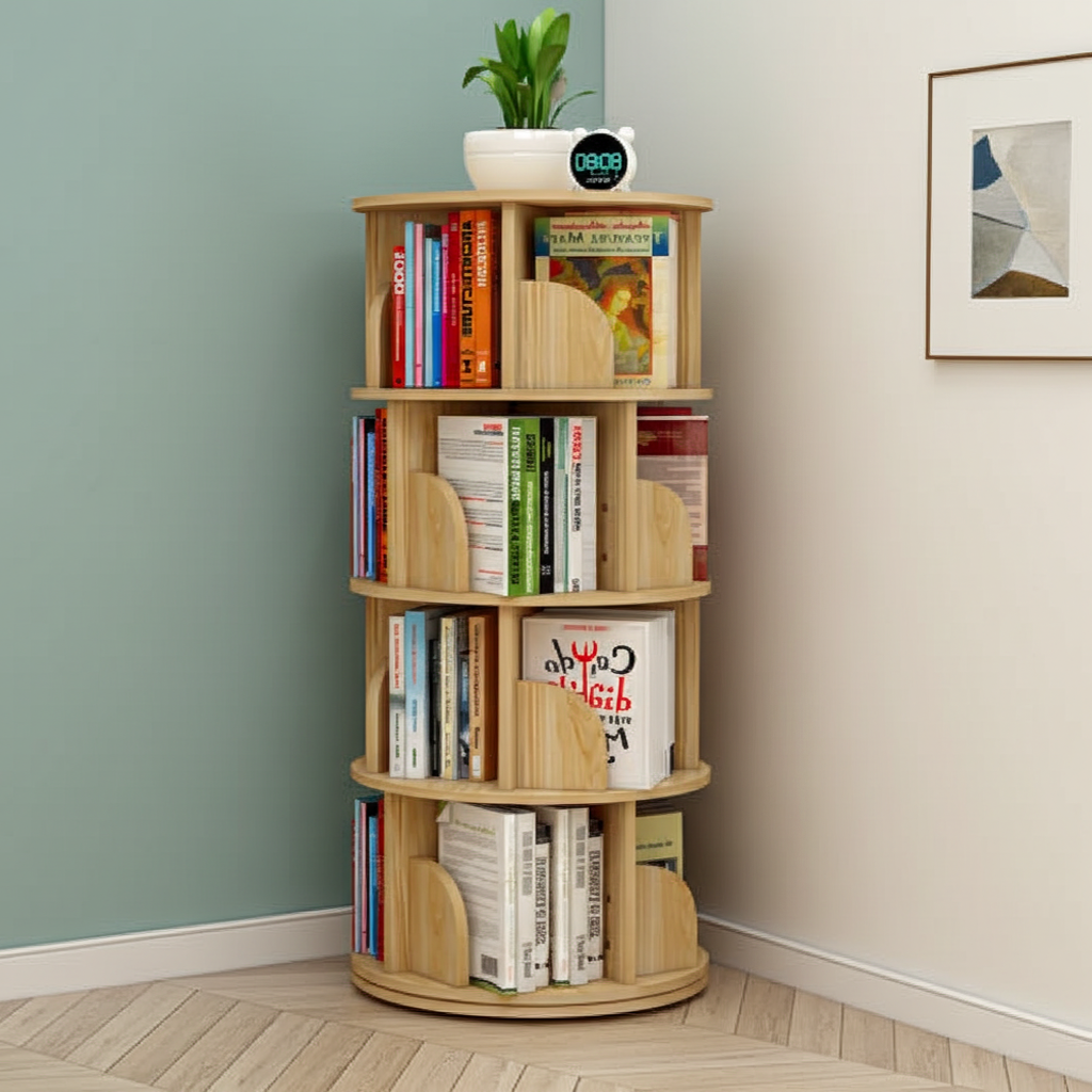 Sanctuary 360-degree Rotating 4 Tier Display Shelf Bookcase Organiser (Oak)