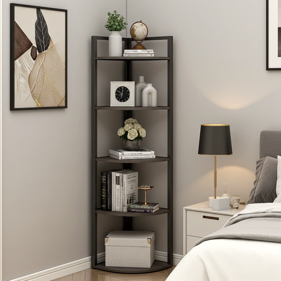 Optima 5 Tier Wood & Steel Corner Shelf Organizer Unit (Driftwood Grey)