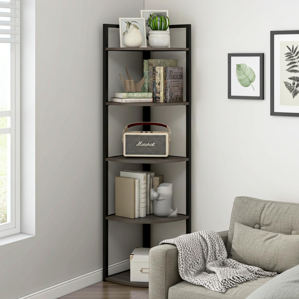 Optima 5 Tier Wood & Steel Corner Shelf Organizer Unit (Driftwood Grey)