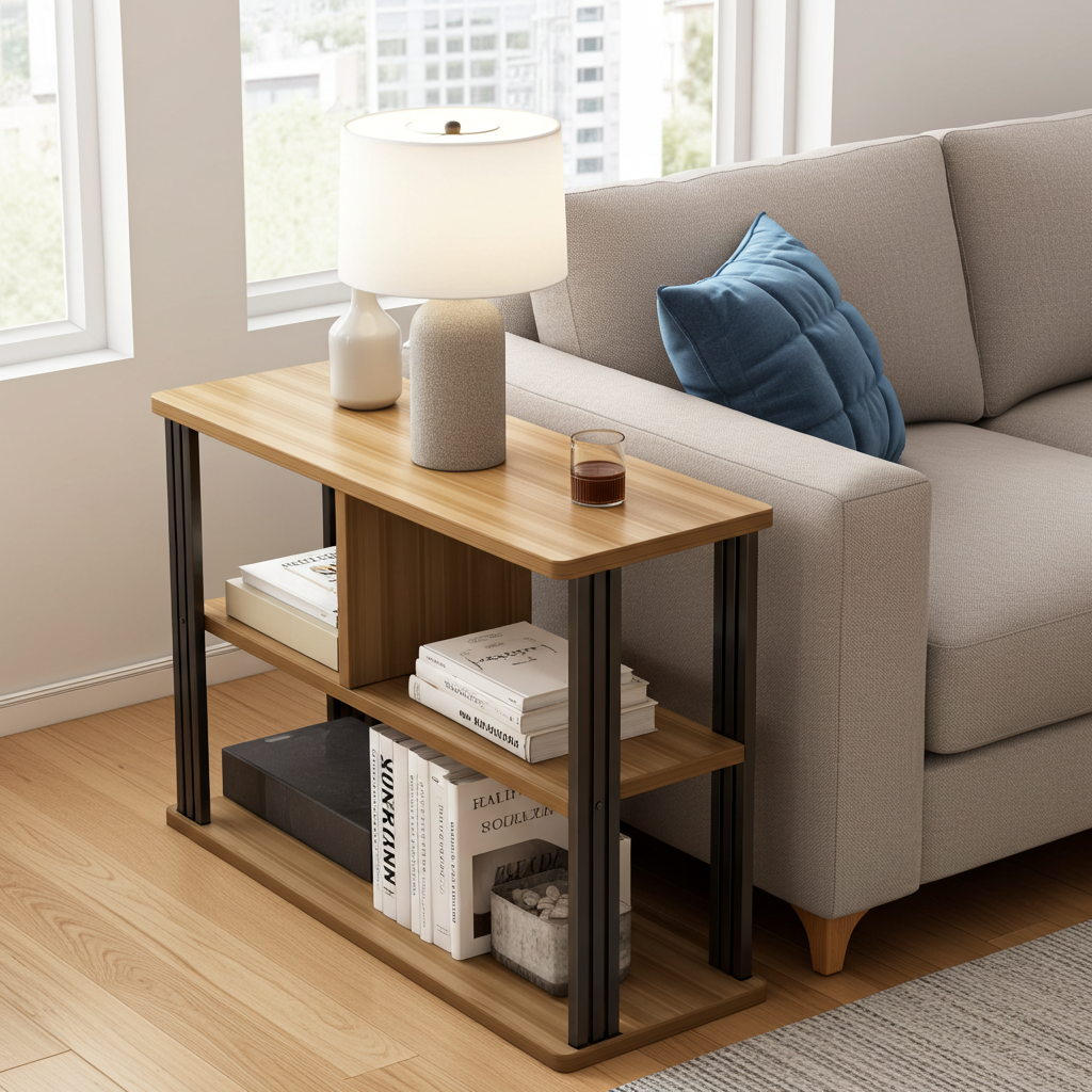 Icon Wood and Steel Sofa Side Table with Shelves (Oak)