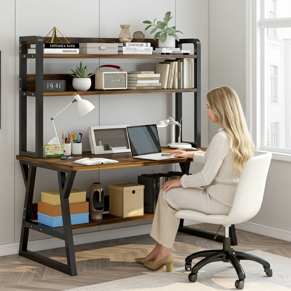 Aspire Large Industrial Office Computer Desk Workstation with Bookshelf (Rustic Wood)
