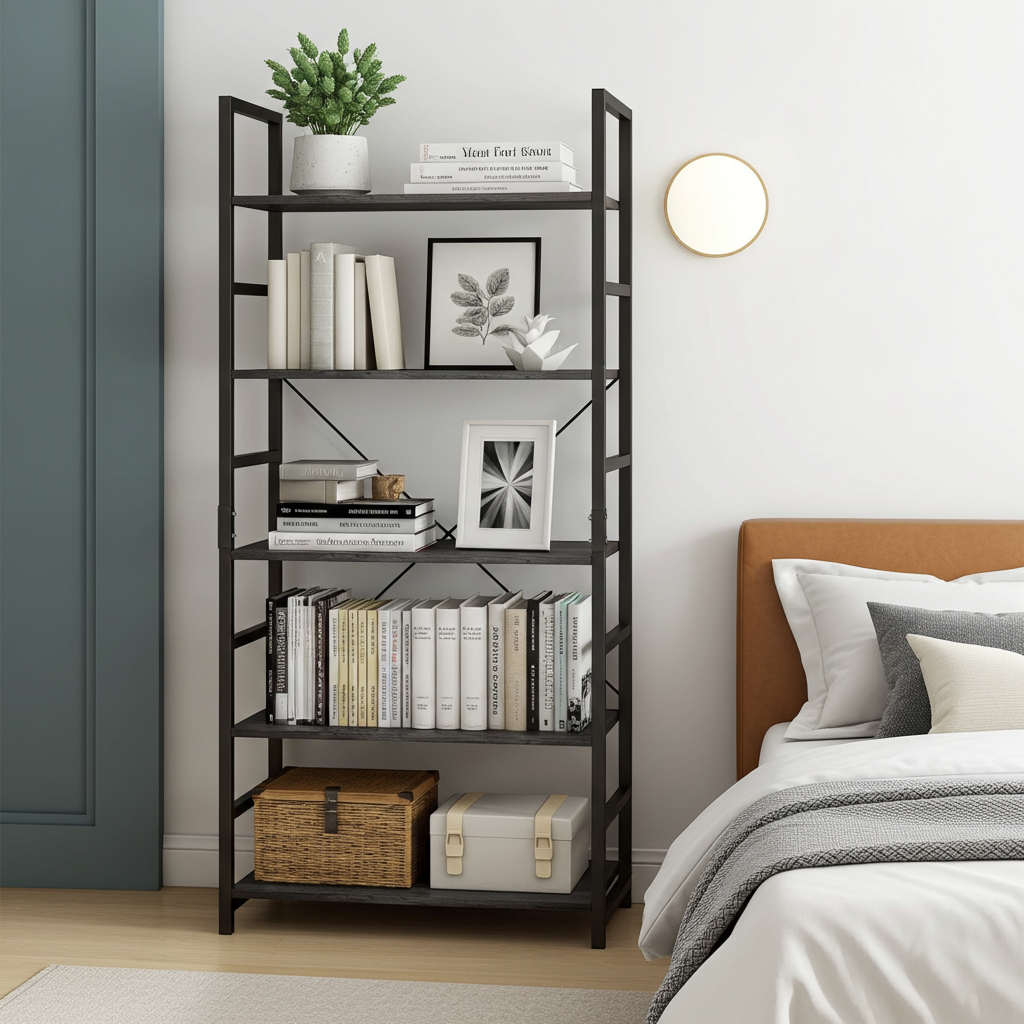 5 Tier Multifunction Heavy Duty Bookcase Wood & Steel Storage Shelf Organizer (Driftwood Grey)