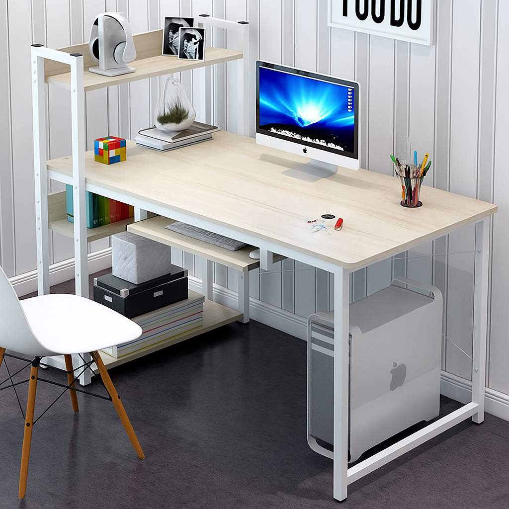 Genius Large Workstation Wood & Steel Computer Desk with Storage Shelves (White Oak)