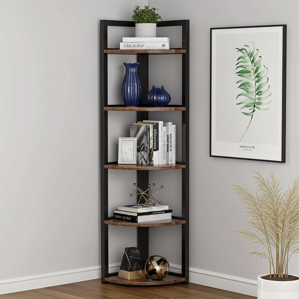 Optima  5 Tier Rustic Wood & Steel Corner Shelf Organizer Unit