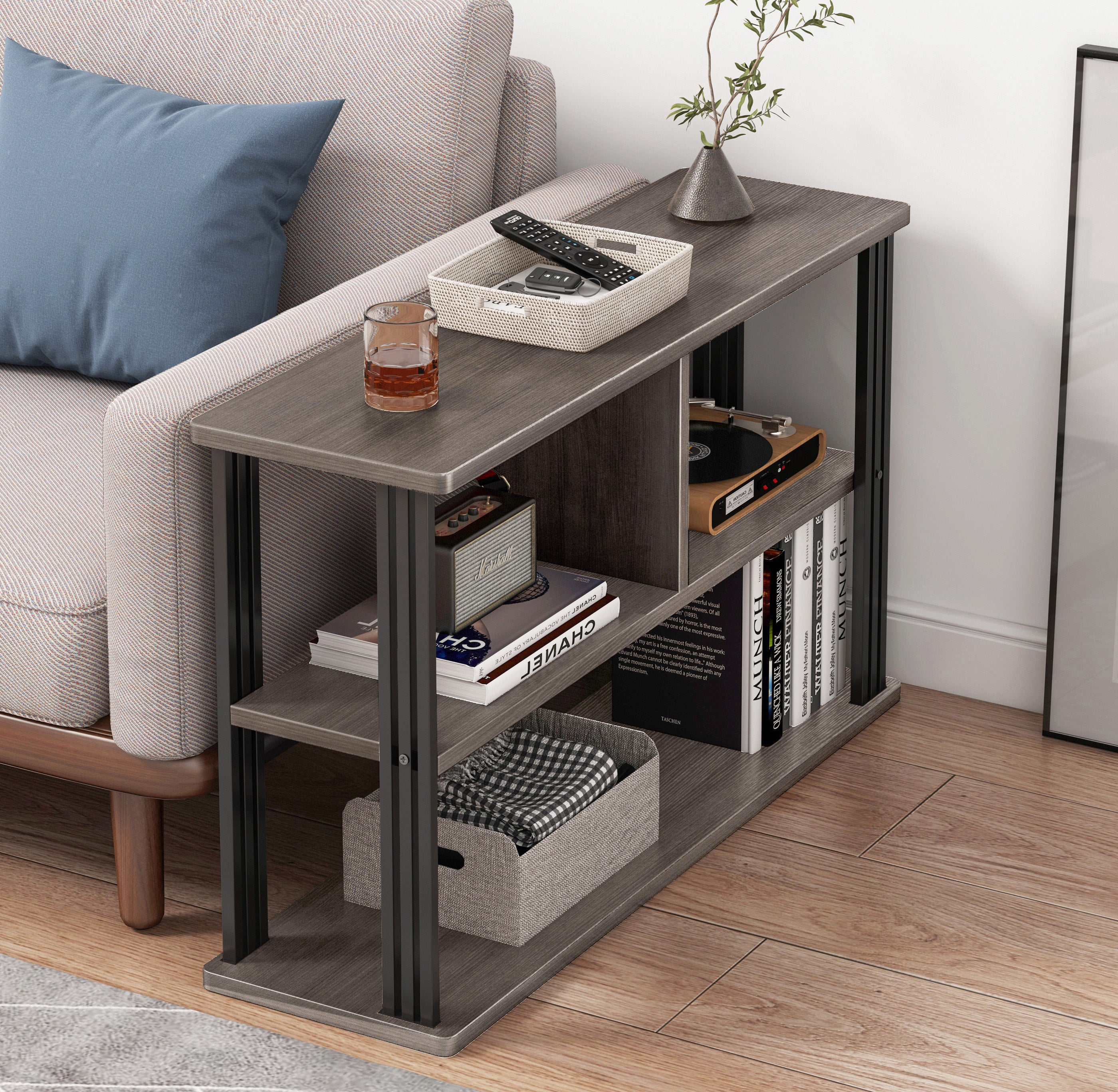 Icon Wood and Steel Sofa Side Table with Shelves (Driftwood Grey)