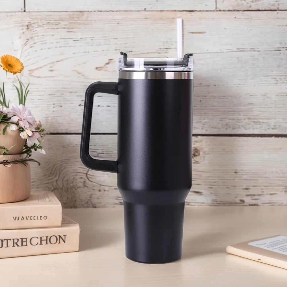40oz Stainless Steel Insulated Tumbler with Handle Straw Travel Mug (Black)