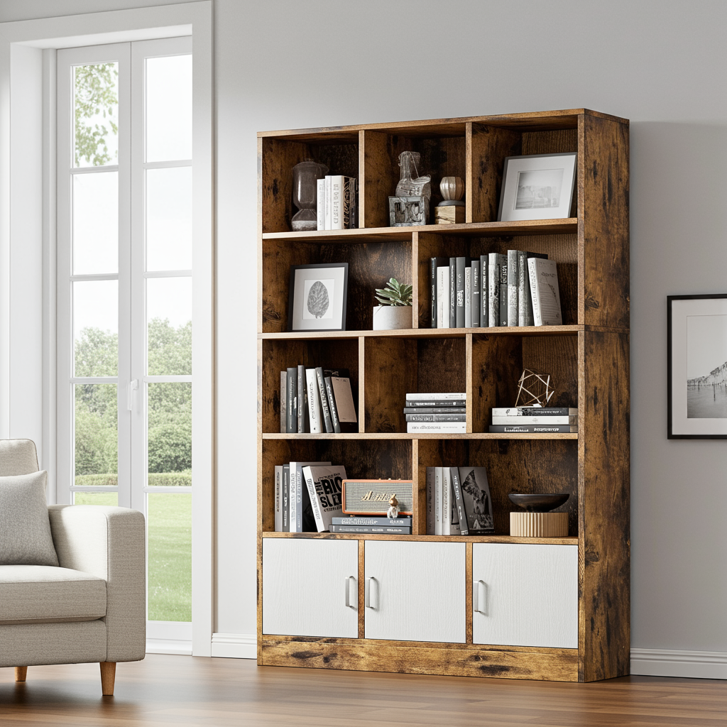 Alpha 10-Shelf 3-Door Wardrobe Cupboard Bookshelf Cabinet (Rustic Wood)