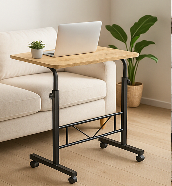 Adjustable Portable Rustic Oak Sofa Bed Side Table Laptop Desk with Wheels